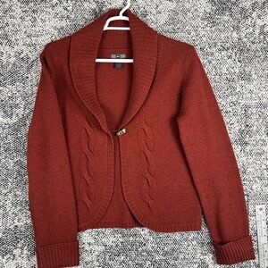 REI Cardigan Sweater Womens XL 100% Lambswool Red Cable Long Sleeve‎
